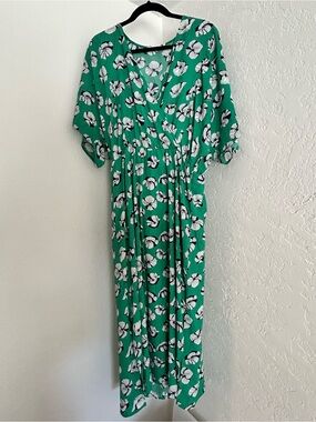 Anthropologie- All in Favor Emerald Green Floral Dress with White Blooms
